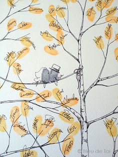 a drawing of a tree with yellow leaves and a mouse sitting on top of it