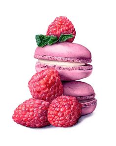 a painting of pink macaroons and raspberries stacked on top of each other