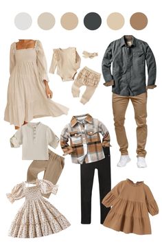 an assortment of children's clothing and accessories including clothes, shoes, hats, and sweaters