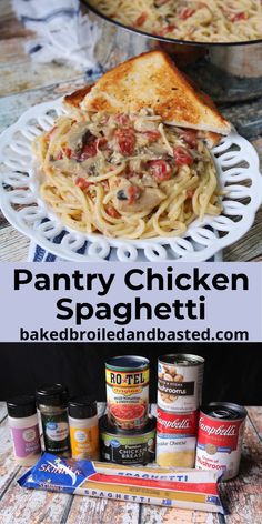 the ingredients for this chicken spaghetti recipe are shown in front of an image with text overlay