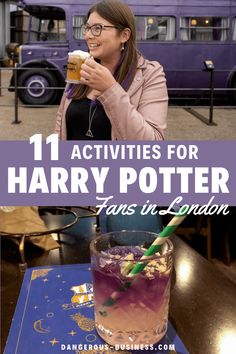 a woman drinking from a glass with the words harry potter fans in london on it