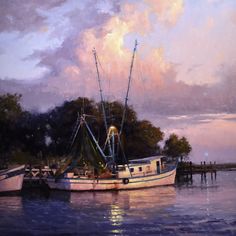 a painting of two boats docked in the water at dusk, with clouds above them