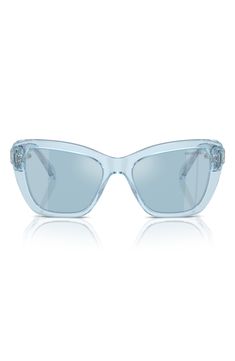 Full-cut crystal hinges bring signature Swarovski sparkle to these monochrome cat-eye sunglasses suitable for everyday wear. 52mm lens width; 18mm bridge width; 135mm temple length 100% UV protection Acetate Made in Italy Sunglasses Blue Lenses, Baby Blue Sunglasses, Light Blue Sunglasses, Aesthetic Sunglasses, Blue Sunglasses, Shades Sunglasses, Cat Eye Sunglasses, Uv Protection, Hinges