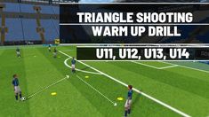 an image of a soccer game being played on the field with text reading triangle shooting warm up drill