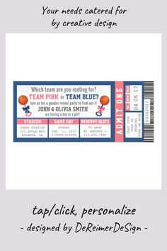 a ticket with the words team pink and blue on it, which reads your needs catering for