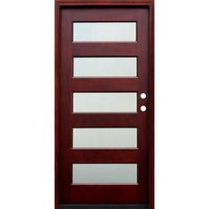 a wooden door with frosted glass on the top and bottom panel, against a white background