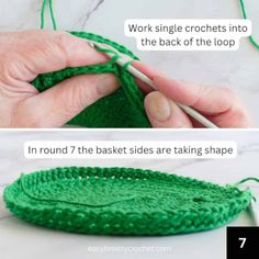 two pictures showing how to crochet the back of a basket with green yarn