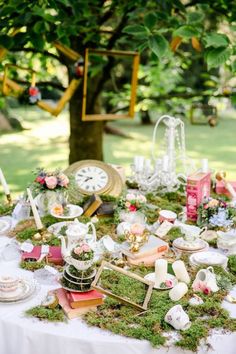 a table topped with lots of different types of items on top of a lush green field