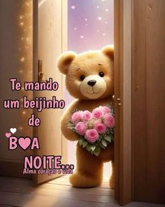 a brown teddy bear holding a bouquet of pink roses in front of an open door