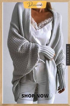 Calledbest Bat Cardigan Cozy Gray V-neck Outerwear, Chic Winter Knitted Cardigan, Chic Knitted Winter Cardigan, Chic Knitted Cardigan For Loungewear, Trendy Knitted Outerwear For Loungewear, Solid Winter Cardigan For Loungewear, Trendy Winter Cardigan For Loungewear, Gray Knitted V-neck Outerwear, Cozy Gray Sweater Coat For Spring