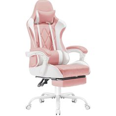 a pink and white office chair with wheels on the bottom, in front of a white background