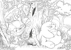 an adult coloring book with cartoon characters in the woods, and one cat is looking at another