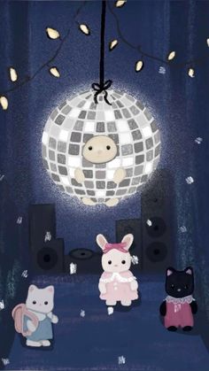 three stuffed animals are sitting under a disco ball with lights hanging from it's ceiling