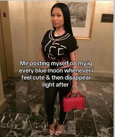 a woman standing in a room holding a red purse and looking at the camera with a caption above her that reads me posting my myself on my