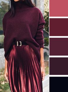 Burgundy Skirt Outfit, Skirt Outfit Fall, Satin Skirt Outfit, Burgundy Outfit, Color Combos Outfit, Winter Wardrobe Essentials, Color Combinations For Clothes, Designer Kurti Patterns, Fashion Vocabulary