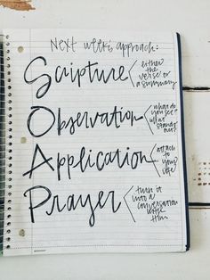 a notepad with writing on it that says suppure observation application prayer