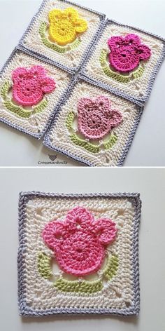 crocheted squares with flowers on them