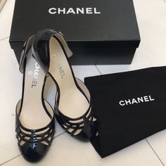 Very Dark Navy Color. Comes With Dust Bags And Original Box Elegant Open Toe Sandals For Shopping, Luxury Summer Heels For Shopping, Luxury Round Toe Heels For Shopping, Elegant Blue Patent Leather Sandals, Shoes Chanel, Chanel Sandals, Chanel Shoes, Navy Color, Dark Navy