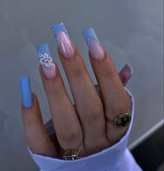 Square Acrylic Nails Spring Designs, Square Nails With Jewels, Summer Nails Blue, Glitter Nail Ideas, Baby Blue Acrylic Nails, Hoco Nails, Blue Glitter Nails, Baby Blue Nails, Plain Nails