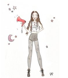 a drawing of a girl holding a red hair dryer in one hand and a horn in the other