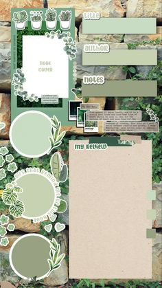 an assortment of paper and stickers sitting on top of a stone wall next to green plants