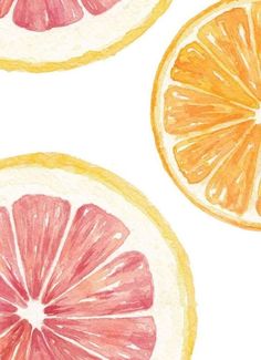 two slices of grapefruit are shown in this watercolor painting style pattern on white paper