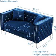 a blue couch with measurements for the seat and back side, including two pillows on each side