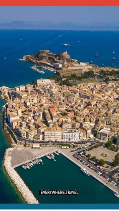 Aerial view of a coastal town with historic buildings and a fortress by the sea. Corfu Greece, Corfu, Breathtaking Landscapes