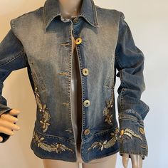 Angelo Marani Never Worn, Perfect Jean Jacket With Intact Embellishments, No Missing Pieces, Crystals Or Beads, Unique Design And Limited Quantities Produced In Europe. Embellished Gold Outerwear For Spring, Spring Embellished Gold Outerwear, Gold Embellished Outerwear For Spring, Pieces Crystals, Perfect Jeans, Jean Jacket, Denim Jeans, Unique Design, Embellishments