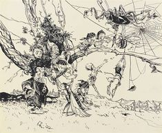 an ink drawing of people hanging from a tree