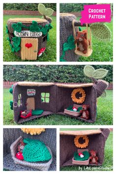 crochet pattern for a doll house with flowers on the outside and inside, in green grass