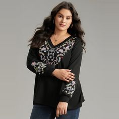 Shop Boho Embroidered V Neck Sweatshirt now and redefine your style with confidence at BloomChic. Tailored for mid and plus-size women. This trendy Tops Women, sizes 10-30. Season:Winter;Color:Black;Style:Elegant;Neckline:V-neck;Sleeve Type:Regular Sleeve;Pattern Type:Bohemian Print;Details:Embroidered, Elastic cuffs;Pocket:No-pocket;Belt:No-belt V-neck Top With Floral Embroidery For Winter, Embroidered Long Sleeve Tops For Fall, Long Sleeve Tops With Floral Embroidery For Fall, V-neck Winter Top With Floral Embroidery, Long Sleeve Floral Embroidered Tops For Fall, Floral Embroidered V-neck Top For Winter, Winter Long Sleeve Tops With Floral Embroidery, Winter Floral Embroidery Long Sleeve Tops, Fall Floral Embroidered V-neck Top