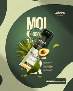 an ad for aora cosmetics with avocado and other products on it's side