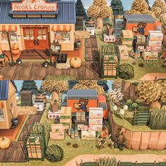 a painting of a store with lots of pumpkins on the front and side of it