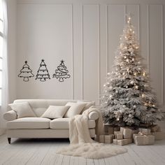 a living room with a christmas tree and presents