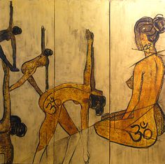 an artistic painting on wood depicting women doing yoga