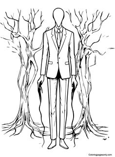 a black and white drawing of a man in a suit standing next to some trees