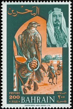 a postage stamp with an image of a man holding a falcon