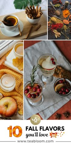 fall flavors collage with apples, cinnamons and other autumn items in glass dishes