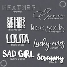 some type of font that is in different styles and colors, with the names above them