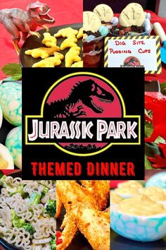 Jurassic Park Themed Dinner with dino chicken nuggets, dig site pudding cups, deviled dinosaur eggs, pterodactyl wings (chicken wings), and veggie-saurus pasta salad Jurassic Park Theme Party Food, Dinosaur Themed Meals, Jurassic World Movie Night, Jurrasic Park Themed Dinner, Dinosaur Menu Food Ideas, Movie Night Recipes Dinners, Movie Themed Dinners Ideas, Family Movie Dinner Night