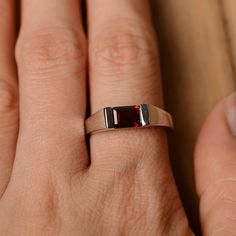 Garnet Wedding Solitaire Ring Sterling Silver Emerald Cut | Etsy Garnet Wedding, Star Garnet, Garnet Gem, January Birthstone, Red Band, Elegant Ring, Garnet Rings, Ring Sterling Silver, Solitaire Ring