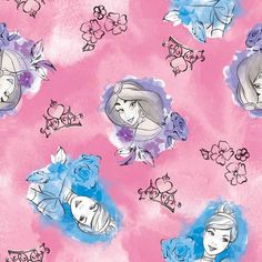 the disney princesses are on pink and blue watercolor paper with flowers in them