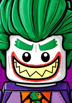 the lego batman movie character with green hair and fangs on it's face, smiling