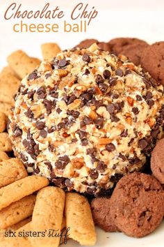 chocolate chip cheese ball surrounded by cookies and crackers on a white plate with text overlay