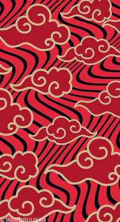 a red and black background with gold swirls in the shape of clouds on it