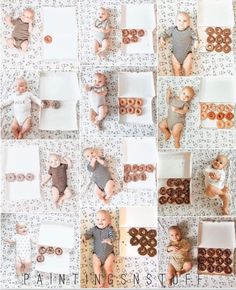 several photos of babies and doughnuts on a table