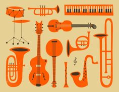 an orange and white poster with musical instruments on it's back side, including trumpet, bass, trombone, piano, keyboard, wind chimes and more