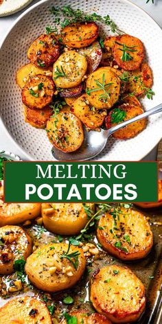 two plates filled with potatoes on top of a metal pan and the words melting potatoes above them