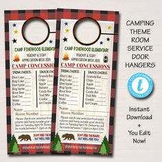 two door hangers with camping camp games on them